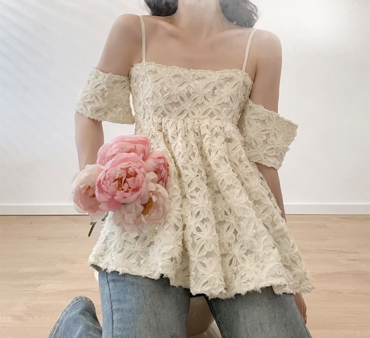 Short-Sleeve cold Shoulder Floral Pattern Blouse