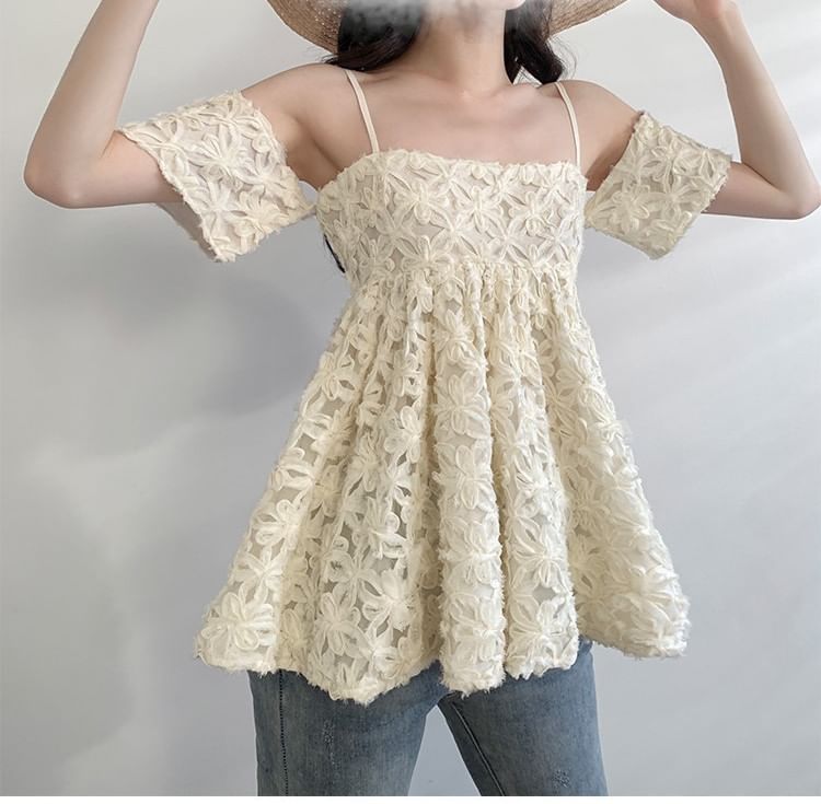 Short-Sleeve cold Shoulder Floral Pattern Blouse