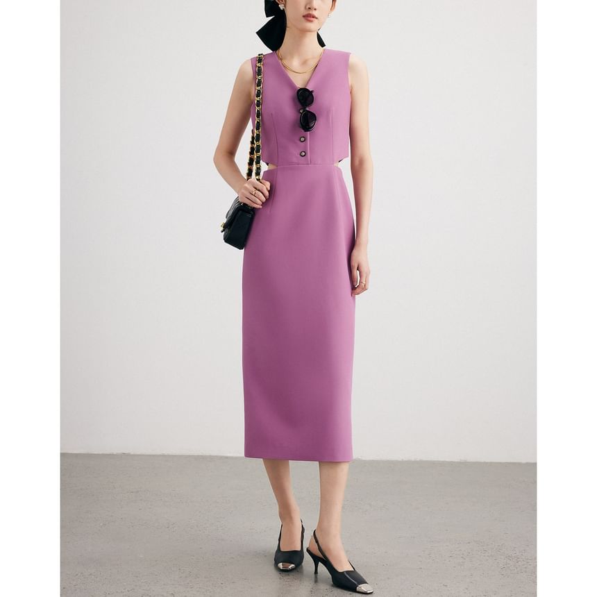 Sleeveless V-Neck Cutout Plain Maxi Sheath Dress