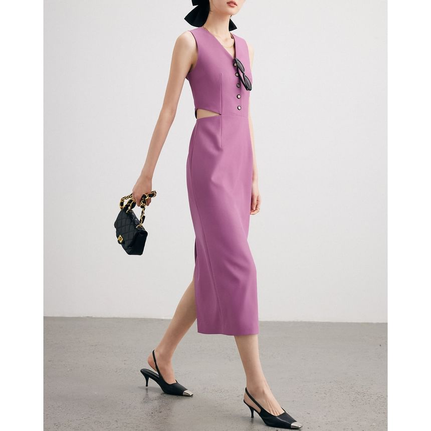 Sleeveless V-Neck Cutout Plain Maxi Sheath Dress