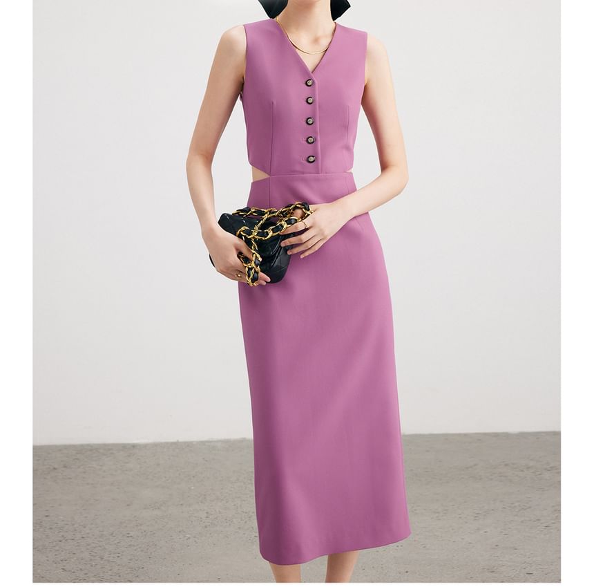 Sleeveless V-Neck Cutout Plain Maxi Sheath Dress