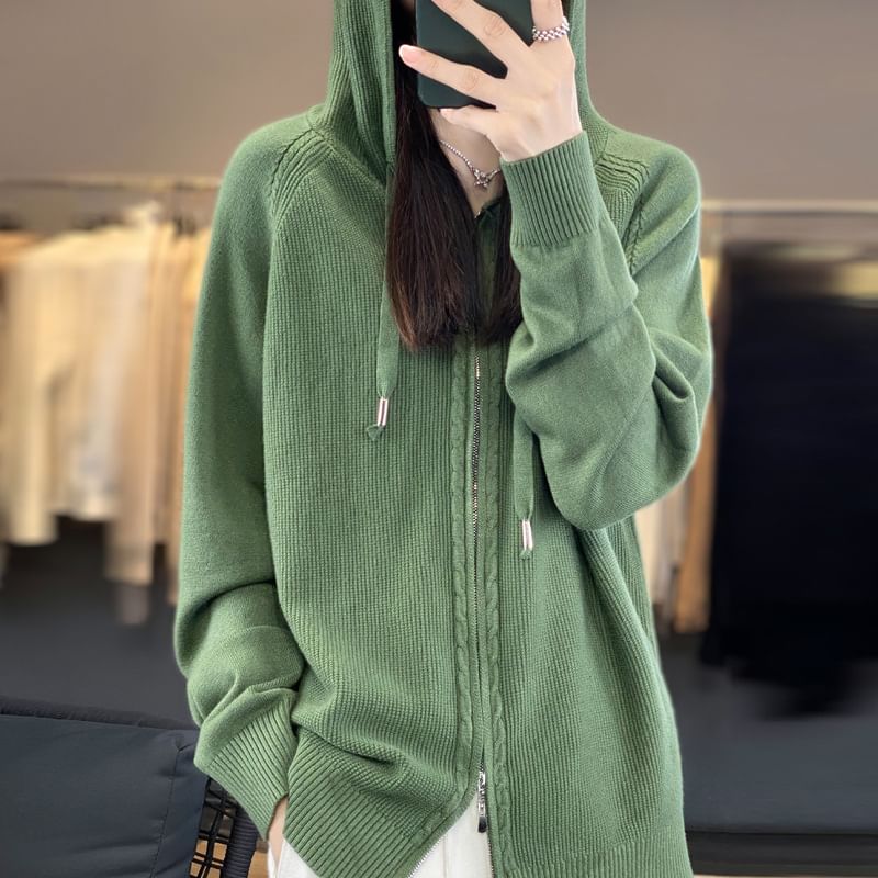 Hooded Plain Knit Zip-Up Jacket