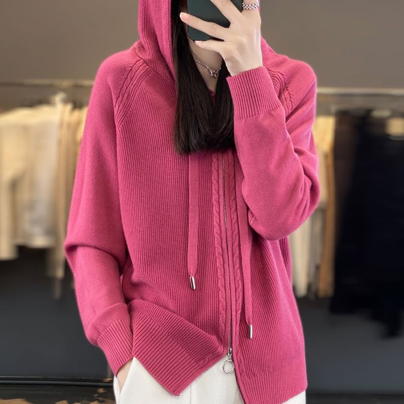 Hooded Plain Knit Zip-Up Jacket