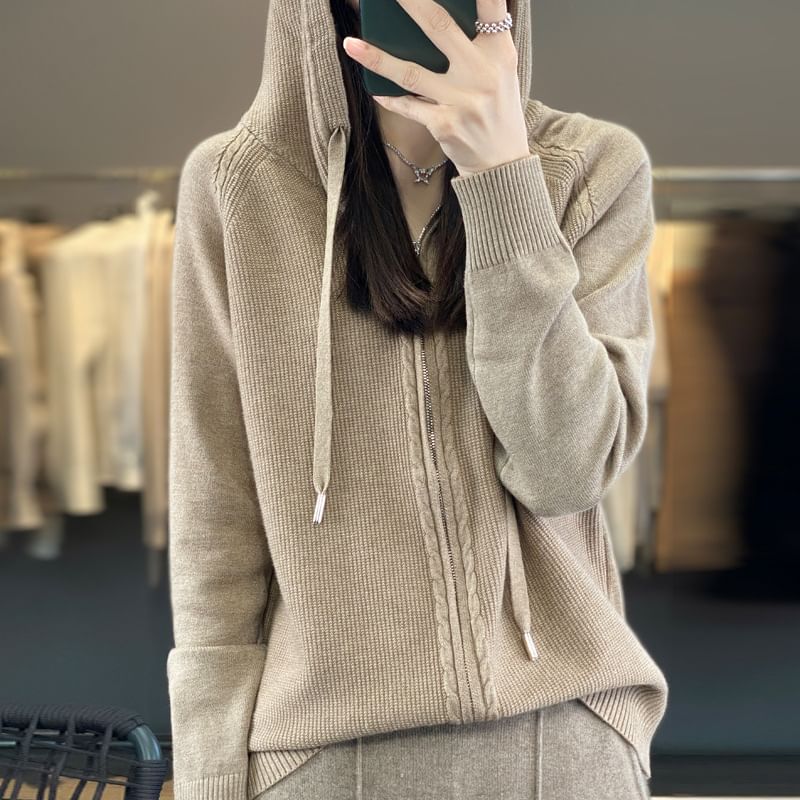 Hooded Plain Knit Zip-Up Jacket