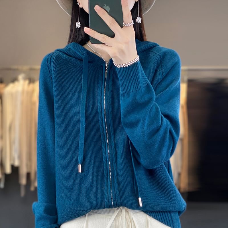 Hooded Plain Knit Zip-Up Jacket