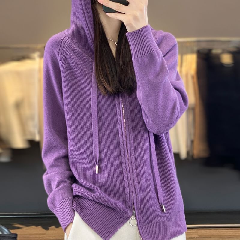 Hooded Plain Knit Zip-Up Jacket
