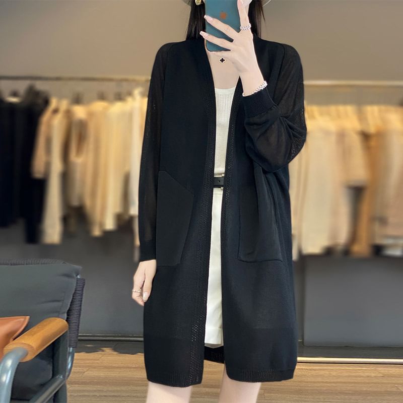 Open Front Plain Long Cardigan