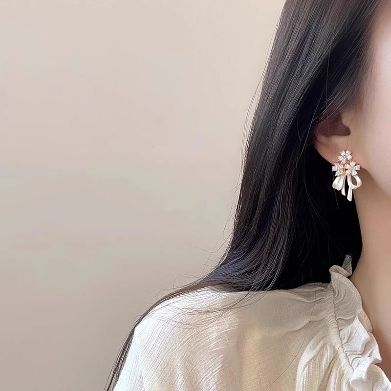 Drop Earring Bow Rhinestone Flower