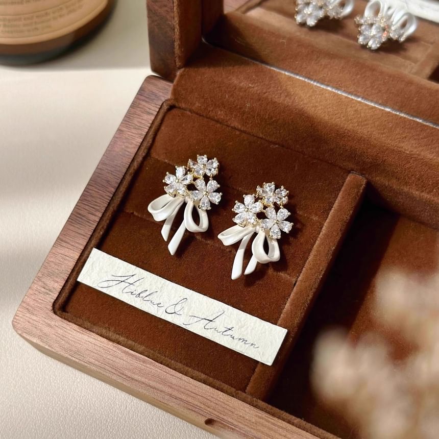 Drop Earring Bow Rhinestone Flower