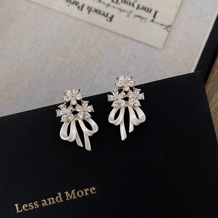 Drop Earring Bow Rhinestone Flower