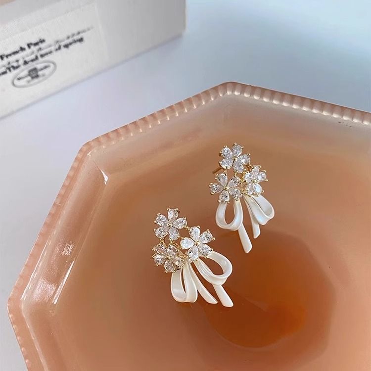 Drop Earring Bow Rhinestone Flower