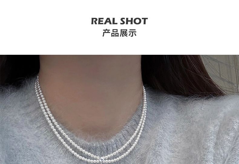 Pearl Necklace Gemstone Pendant Faux Layered