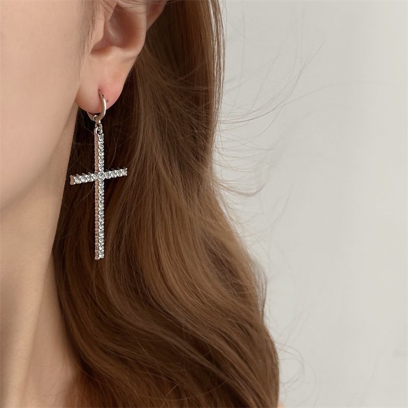 Drop Rhinestone Earring Huggie Cross