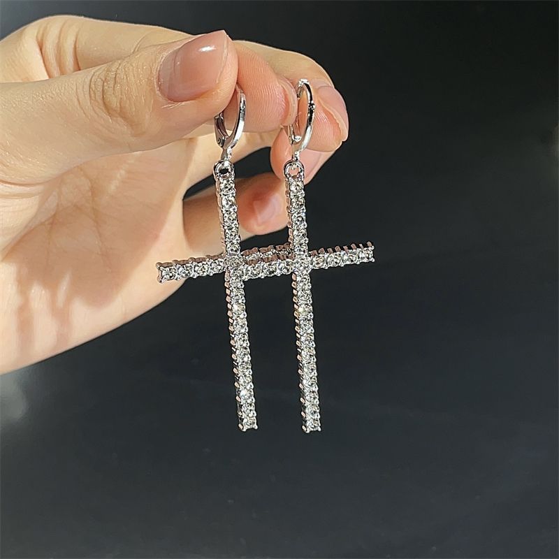 Drop Rhinestone Earring Huggie Cross