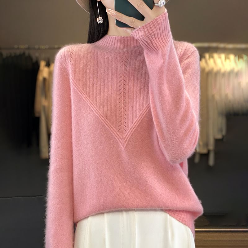 Long-Sleeve High Neck Plain Ribbed Sweater