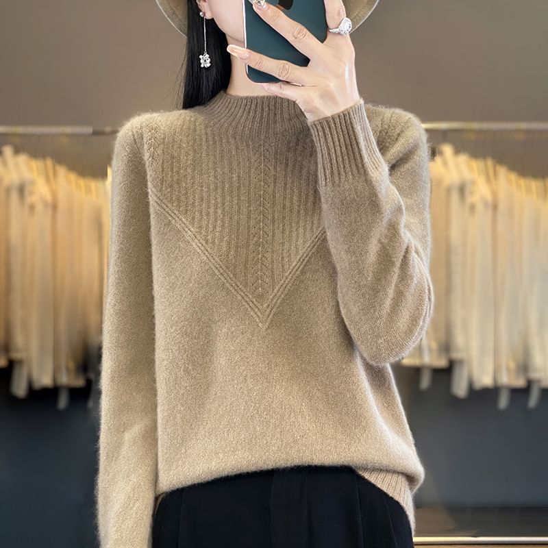 Long-Sleeve High Neck Plain Ribbed Sweater
