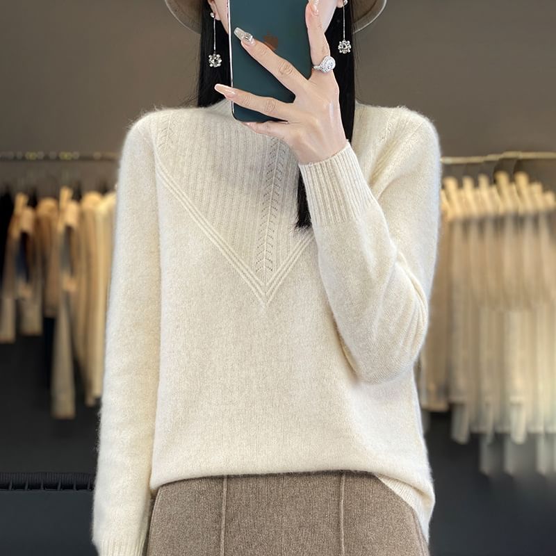 Long-Sleeve High Neck Plain Ribbed Sweater