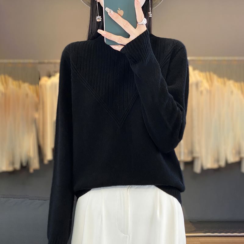 Long-Sleeve High Neck Plain Ribbed Sweater