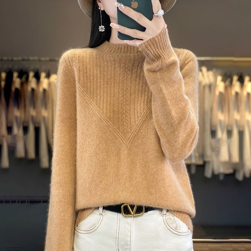 Long-Sleeve High Neck Plain Ribbed Sweater