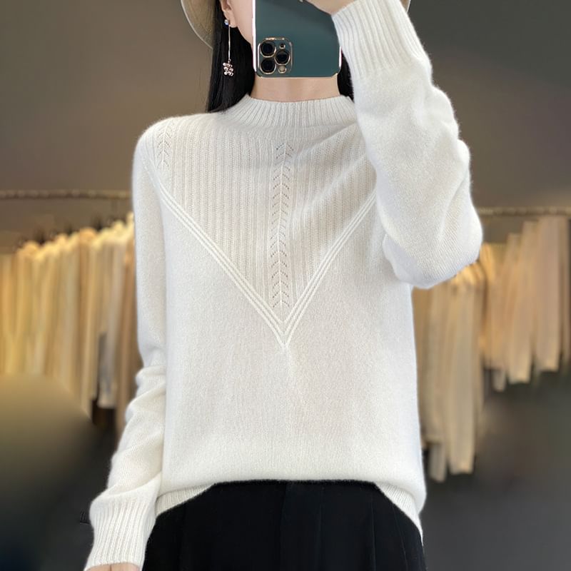 Long-Sleeve High Neck Plain Ribbed Sweater