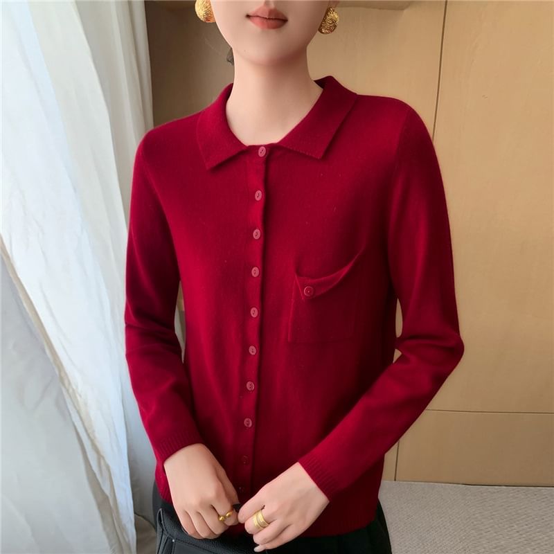 Plain Button-Up Knit Polo Shirt