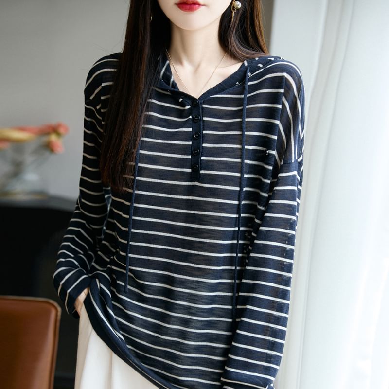 Long-Sleeve Striped Hooded Henley Tee