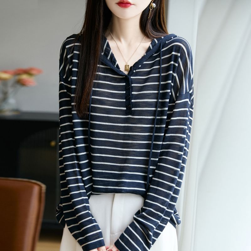 Long-Sleeve Striped Hooded Henley Tee