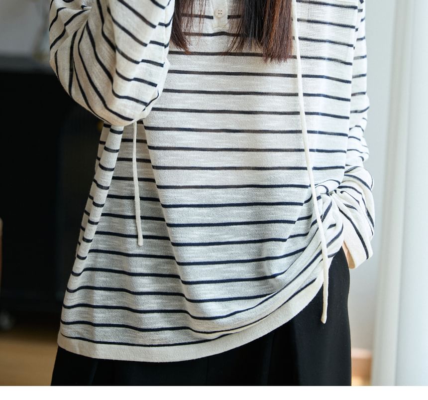 Long-Sleeve Striped Hooded Henley Tee