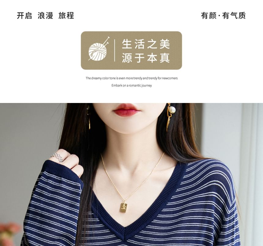 Long-Sleeve V-Neck Striped T-Shirt