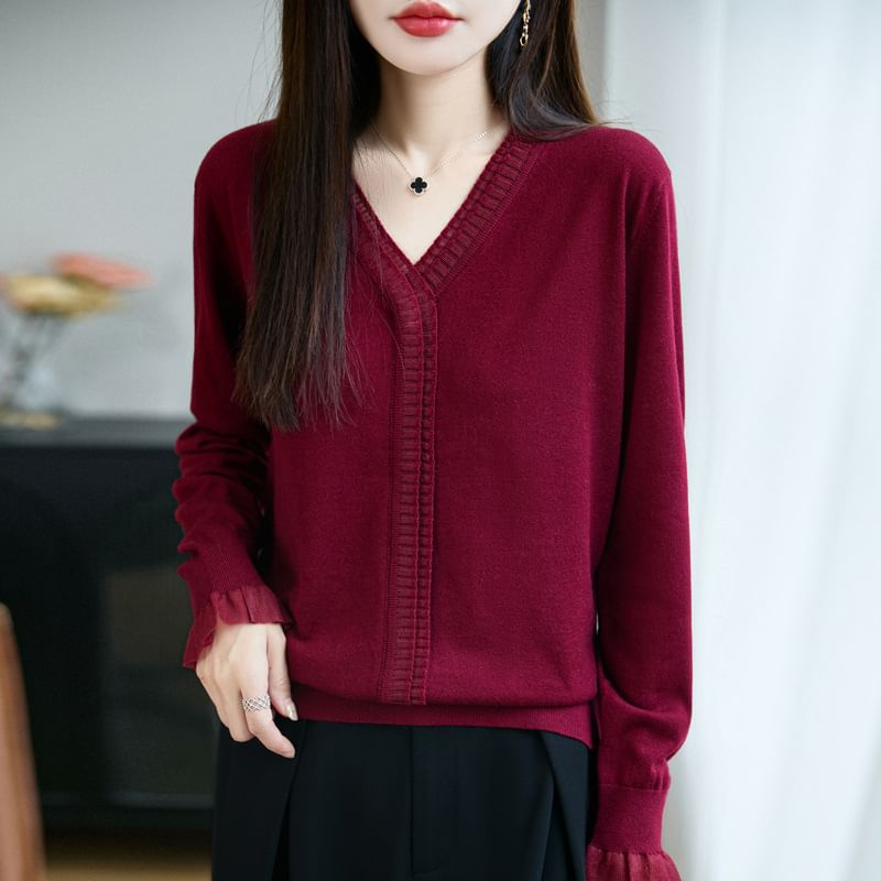Long-Sleeve V-Neck Plain Mesh Ruffle Sweater