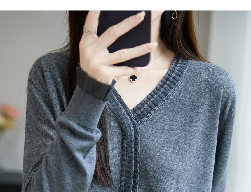 Long-Sleeve V-Neck Plain Mesh Ruffle Sweater