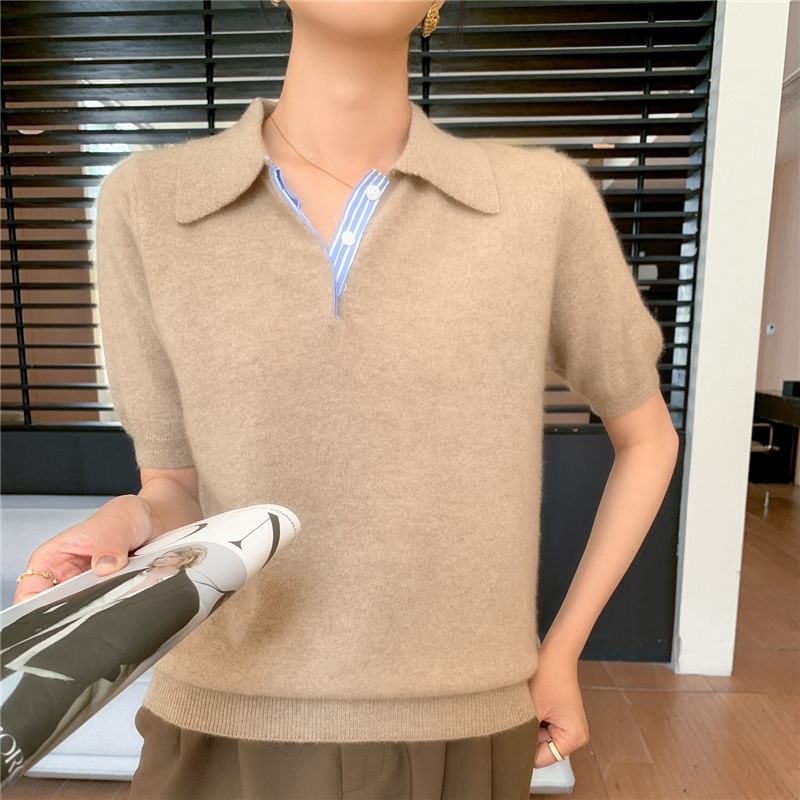 Short-Sleeve Plain Knit Polo Shirt