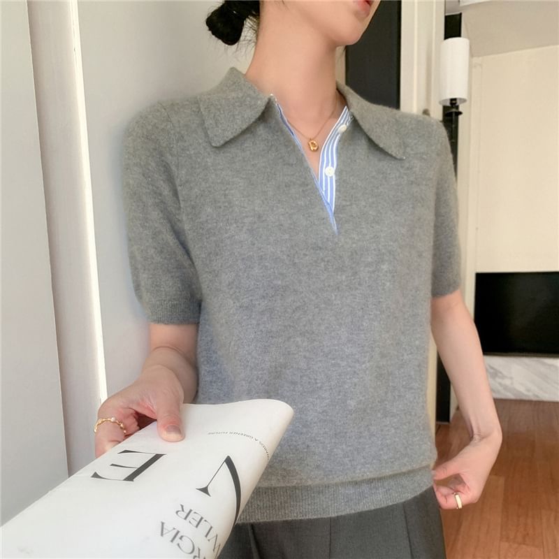 Short-Sleeve Plain Knit Polo Shirt