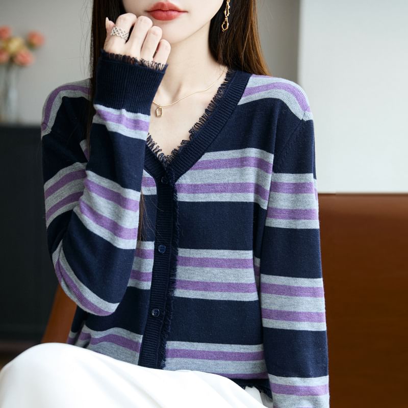 V-Neck Striped Tassel Trim Button-Up Cardigan