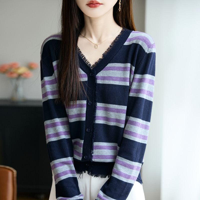 V-Neck Striped Tassel Trim Button-Up Cardigan