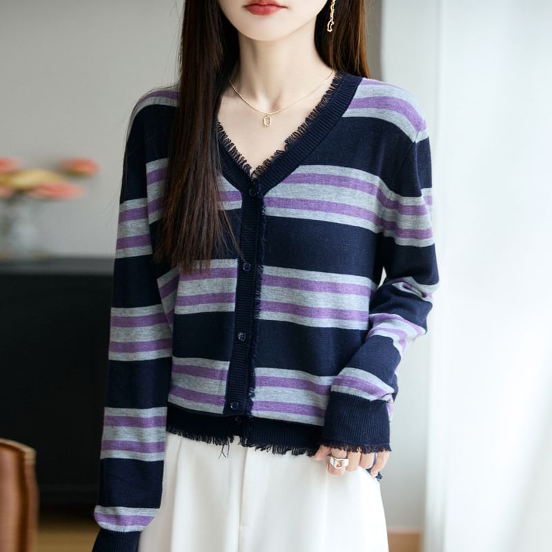 V-Neck Striped Tassel Trim Button-Up Cardigan