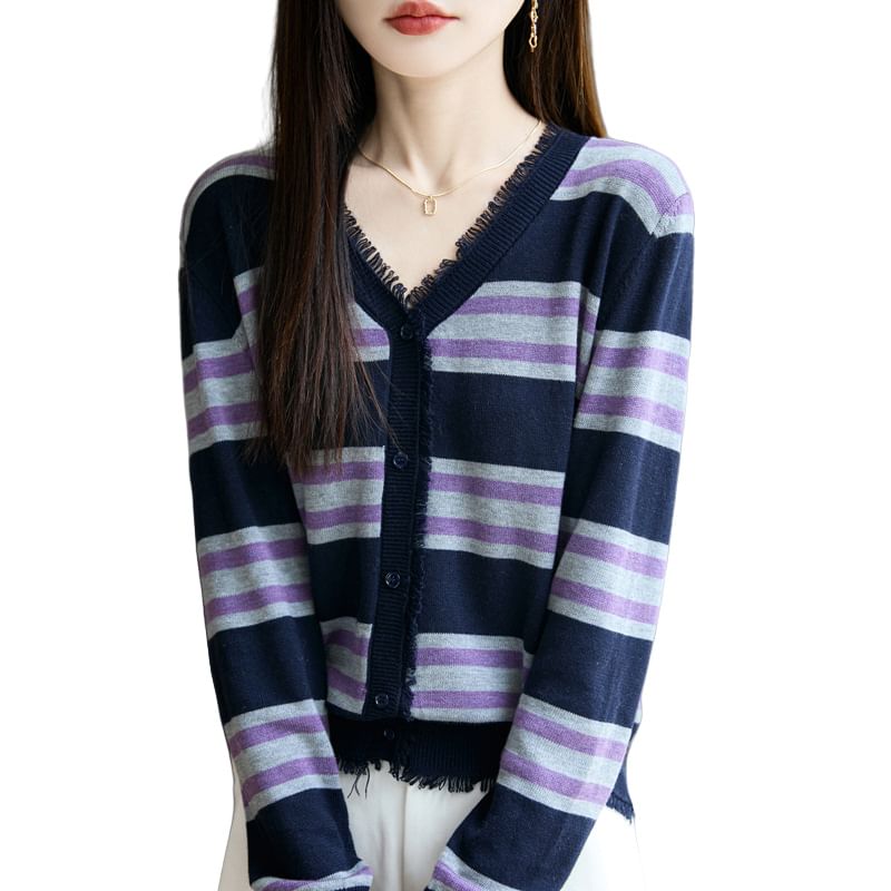 V-Neck Striped Tassel Trim Button-Up Cardigan