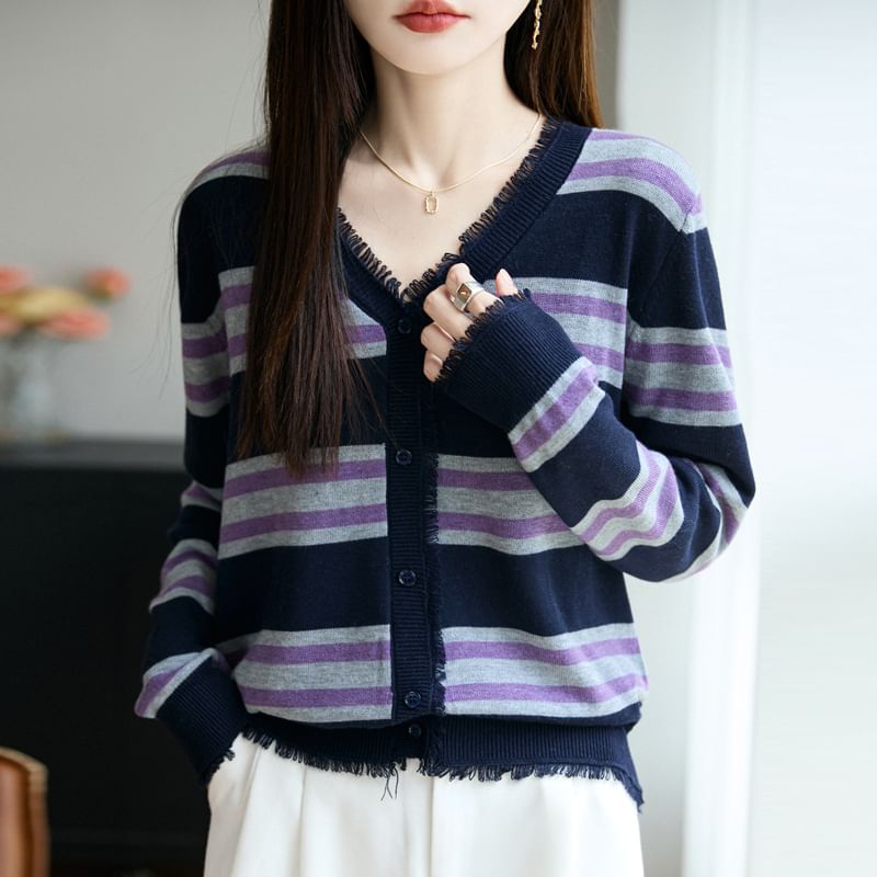 V-Neck Striped Tassel Trim Button-Up Cardigan