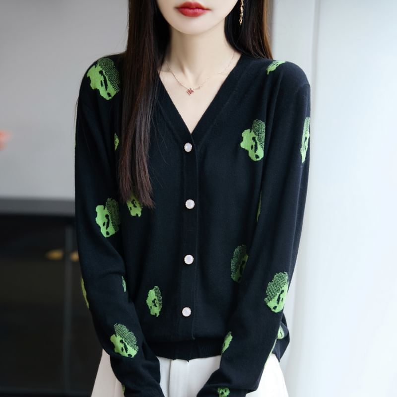 V-Neck Printed Button-Up Cardigan