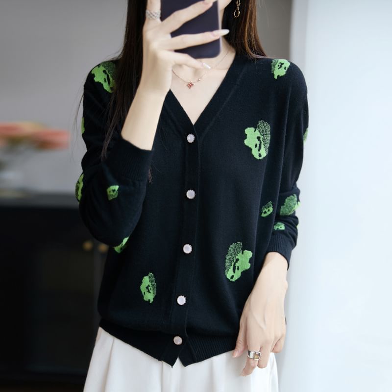 V-Neck Printed Button-Up Cardigan