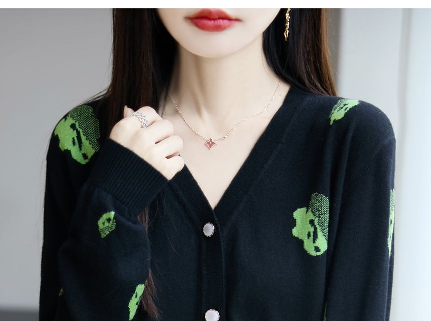 V-Neck Printed Button-Up Cardigan
