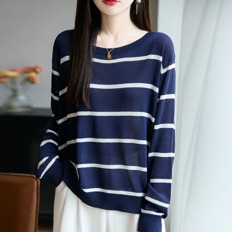 Long-Sleeve Round Neck Striped Sweater