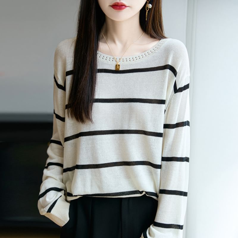 Long-Sleeve Round Neck Striped Sweater