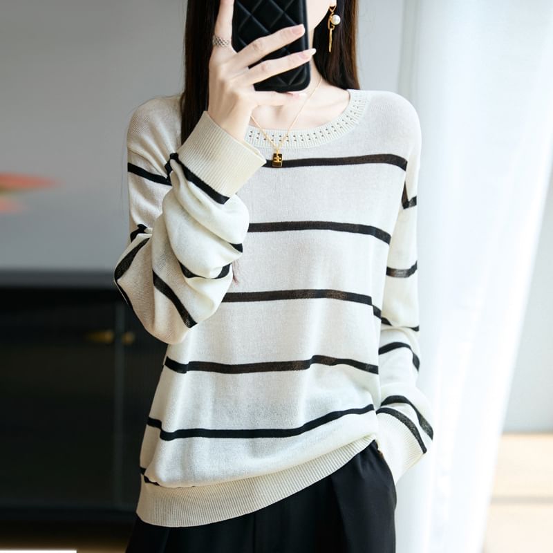 Long-Sleeve Round Neck Striped Sweater