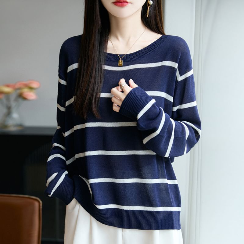 Long-Sleeve Round Neck Striped Sweater