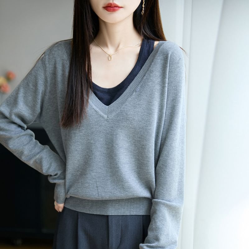 Mock Two-Piece Long-Sleeve V-Neck Two-Tone Sweater