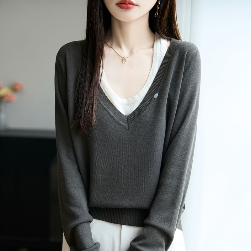 Mock Two-Piece Long-Sleeve V-Neck Two-Tone Sweater