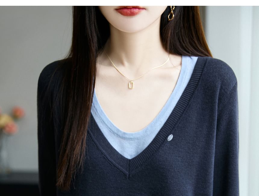 Mock Two-Piece Long-Sleeve V-Neck Two-Tone Sweater
