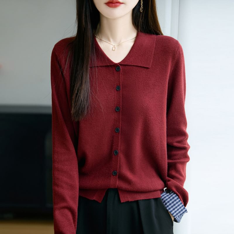 Plain Collared Button-Up Cardigan
