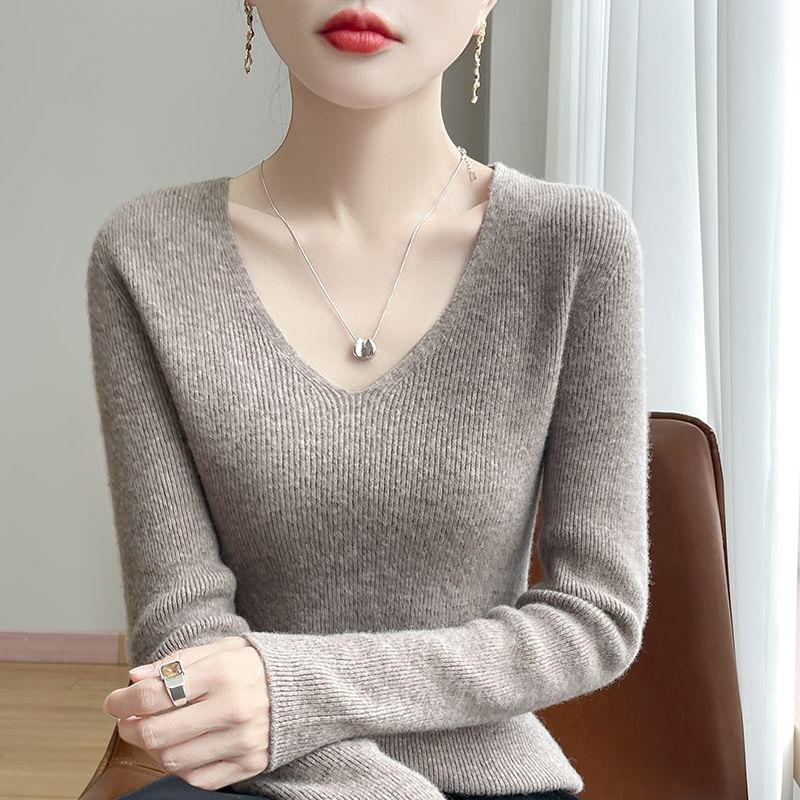 Long-Sleeve V-Neck Plain Ribbed Sweater